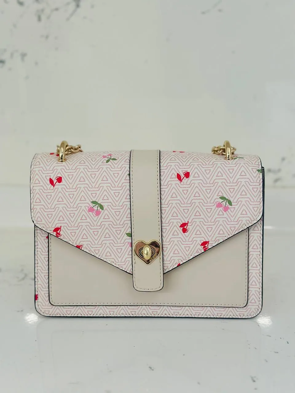 White Cherry Print Shoulder Bag with Gold Chain