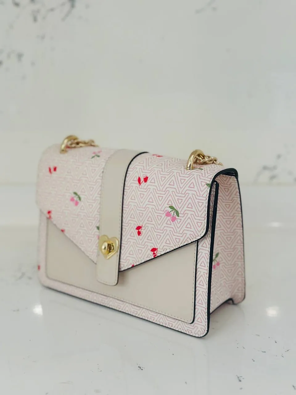 White Cherry Print Shoulder Bag with Gold Chain