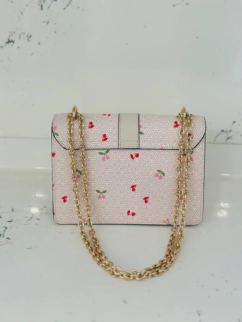 White Cherry Print Shoulder Bag with Gold Chain
