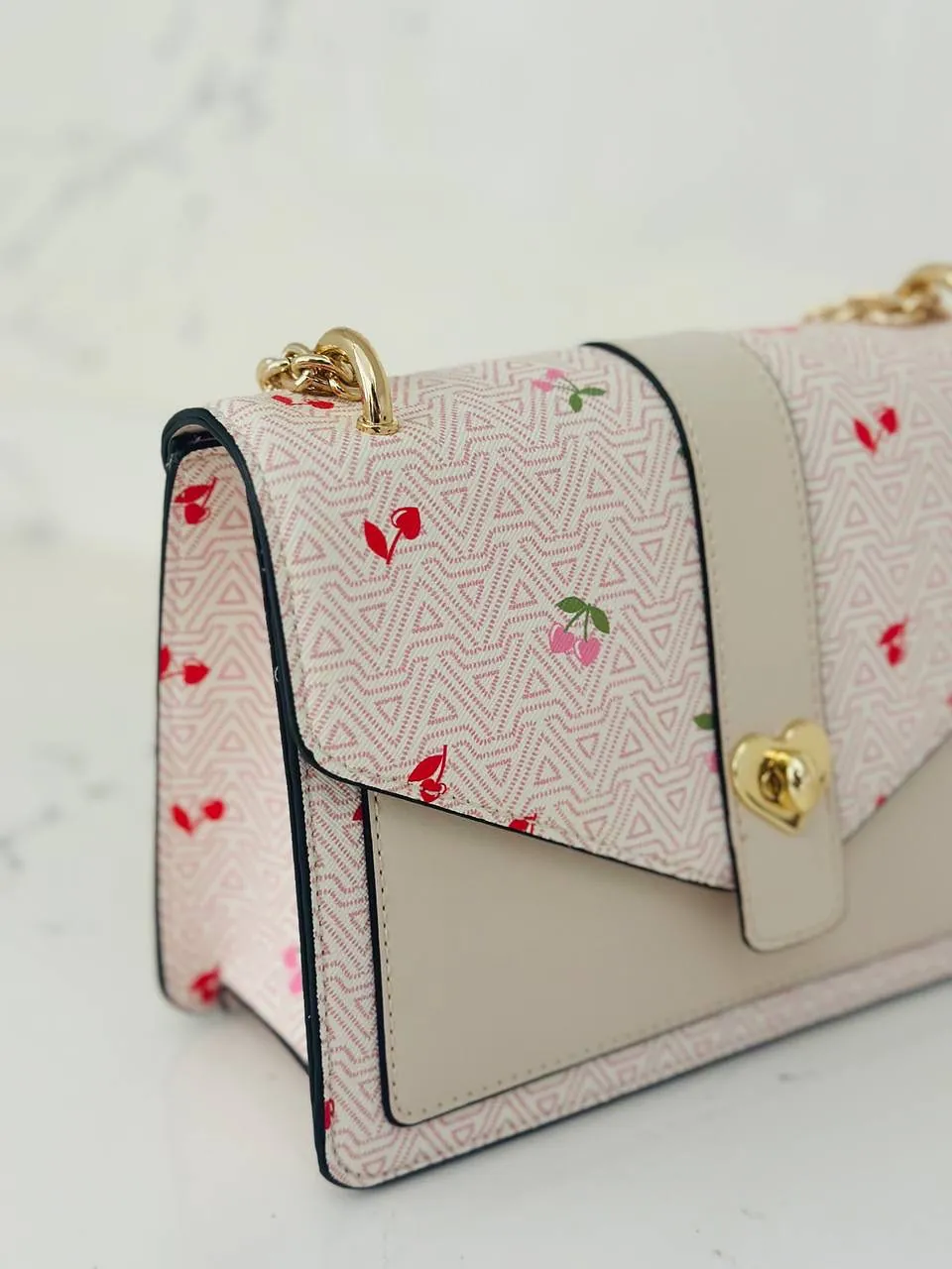 White Cherry Print Shoulder Bag with Gold Chain