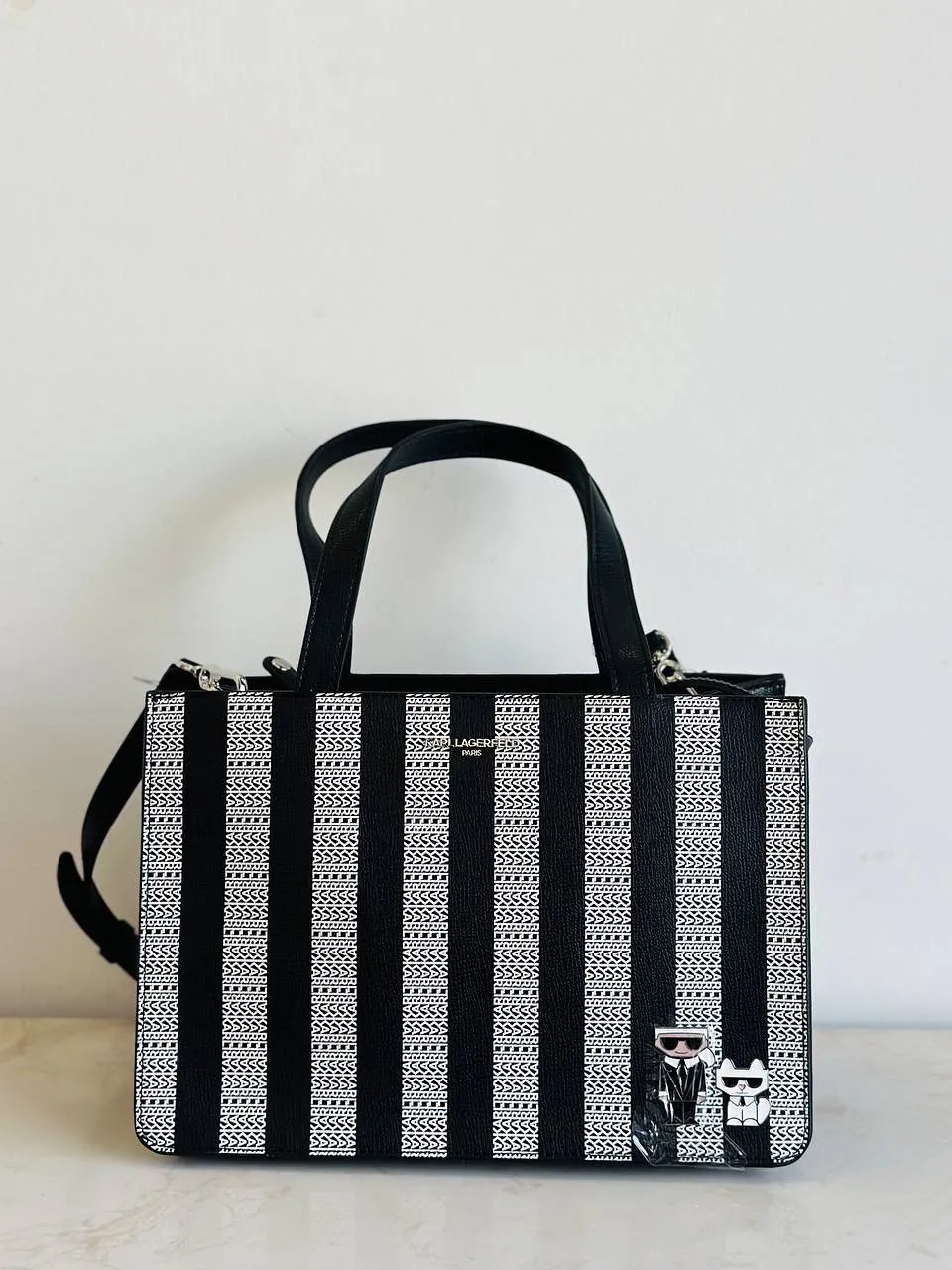 Karl Lagerfeld Black and White Striped Handbag