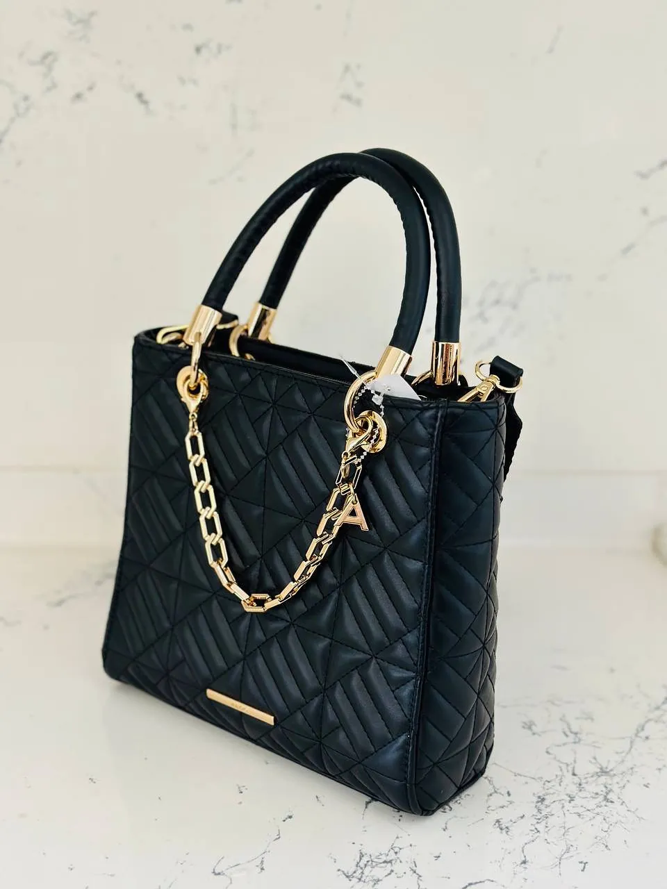 Black Quilted Handbag with Gold Chain