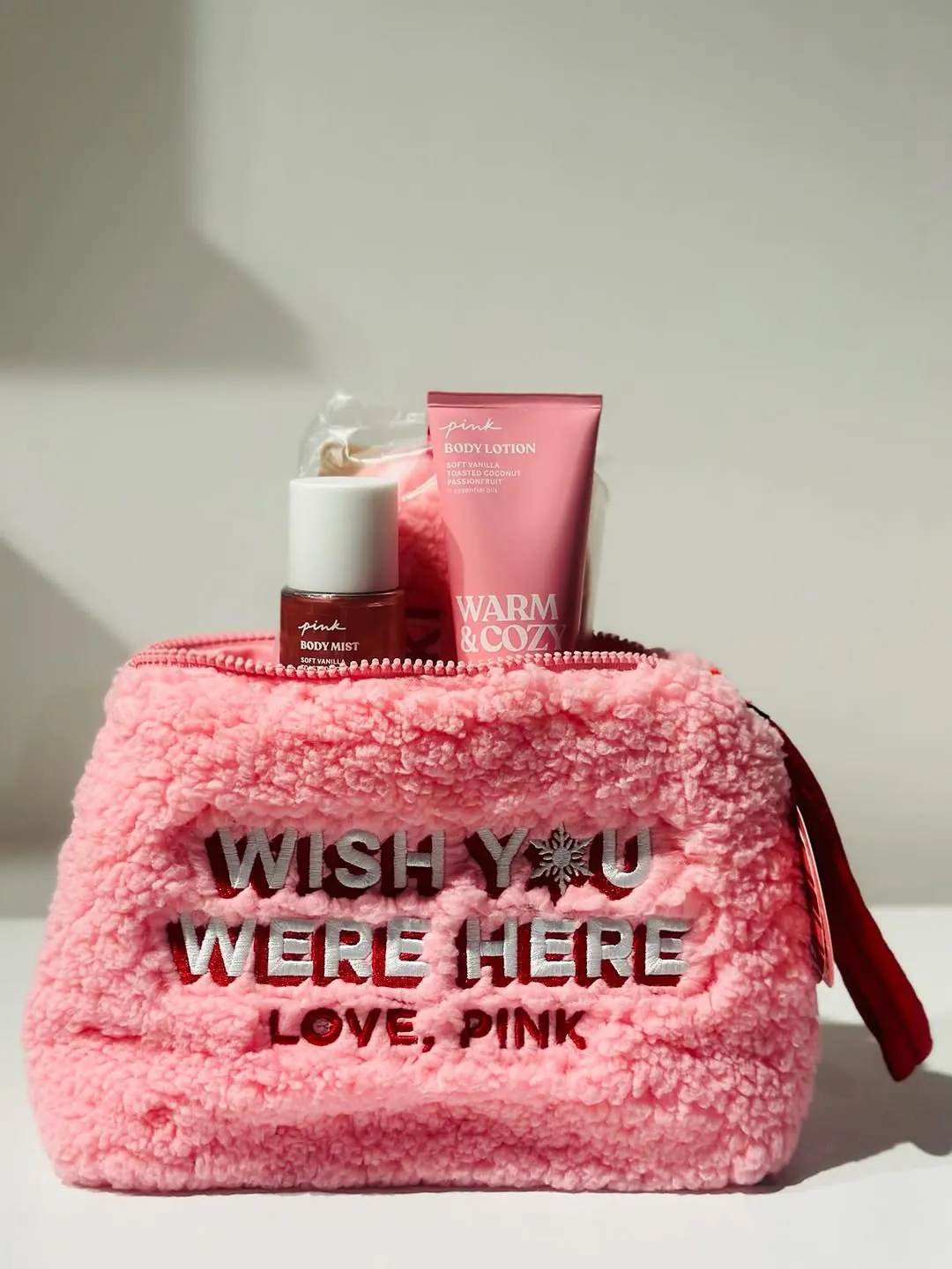 PINK Fuzzy Makeup Bag Set with Body Mist and Lotion