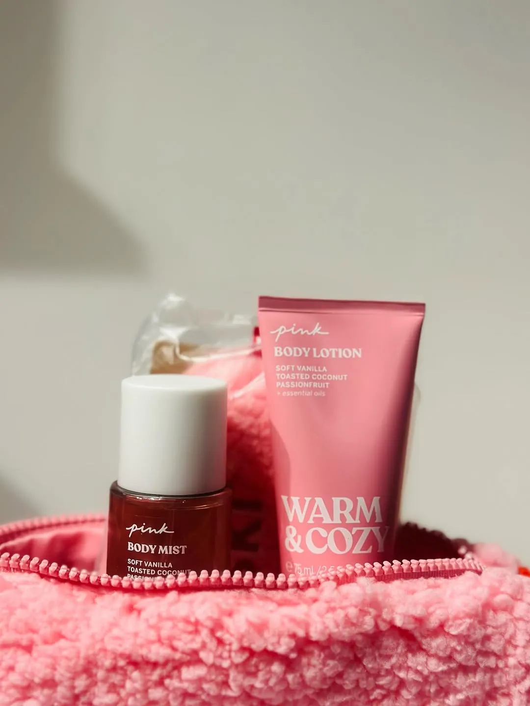 PINK Fuzzy Makeup Bag Set with Body Mist and Lotion