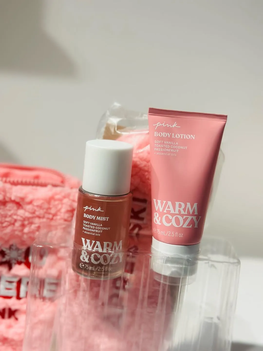 PINK Fuzzy Makeup Bag Set with Body Mist and Lotion