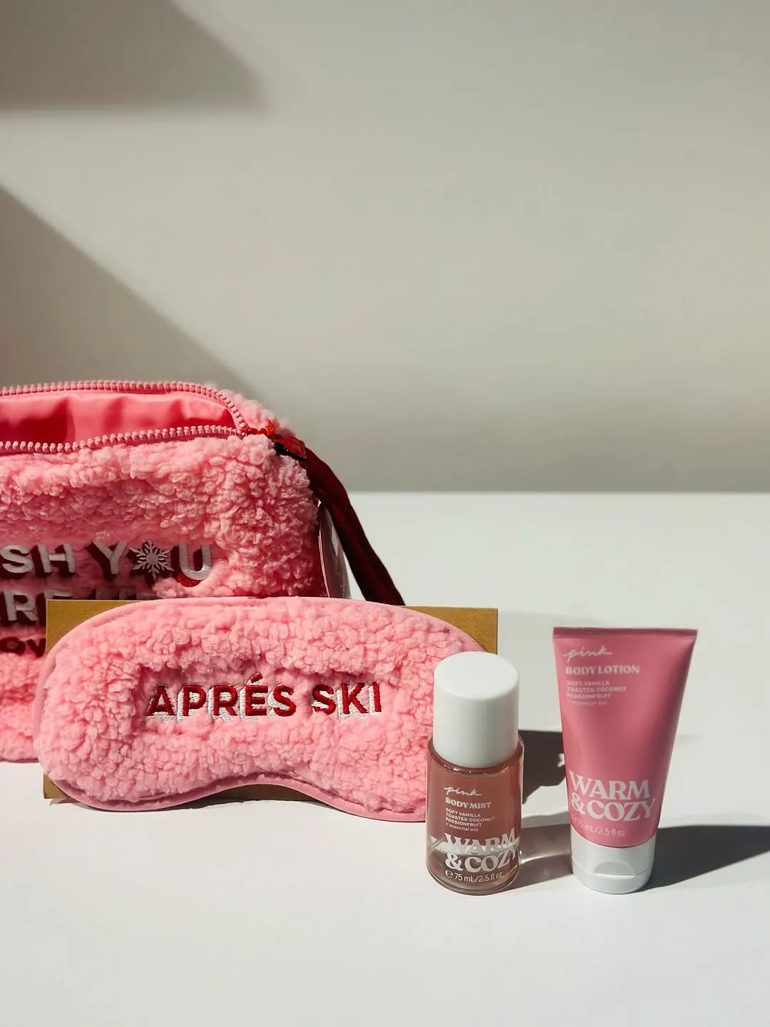 PINK Fuzzy Makeup Bag Set with Body Mist and Lotion