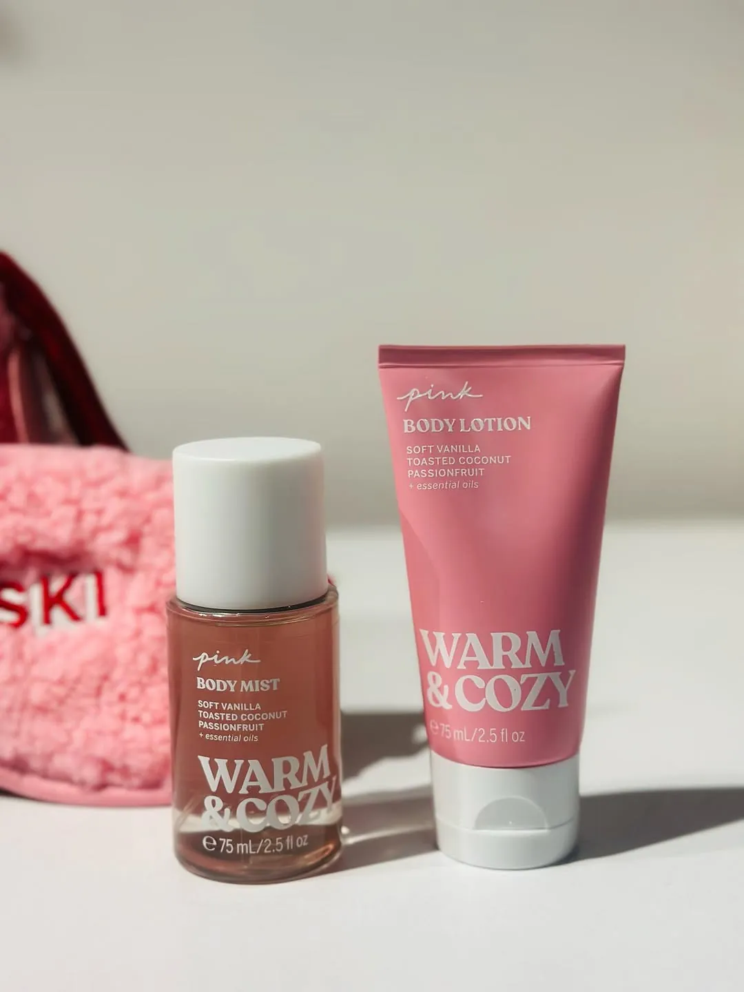 PINK Fuzzy Makeup Bag Set with Body Mist and Lotion