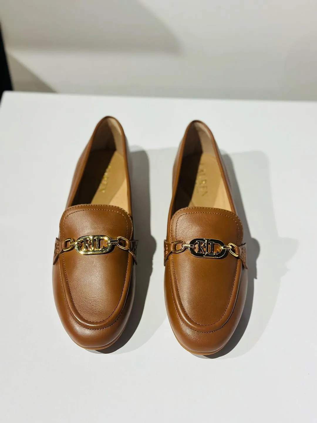 Brown Leather Loafers with RL Chain Detail