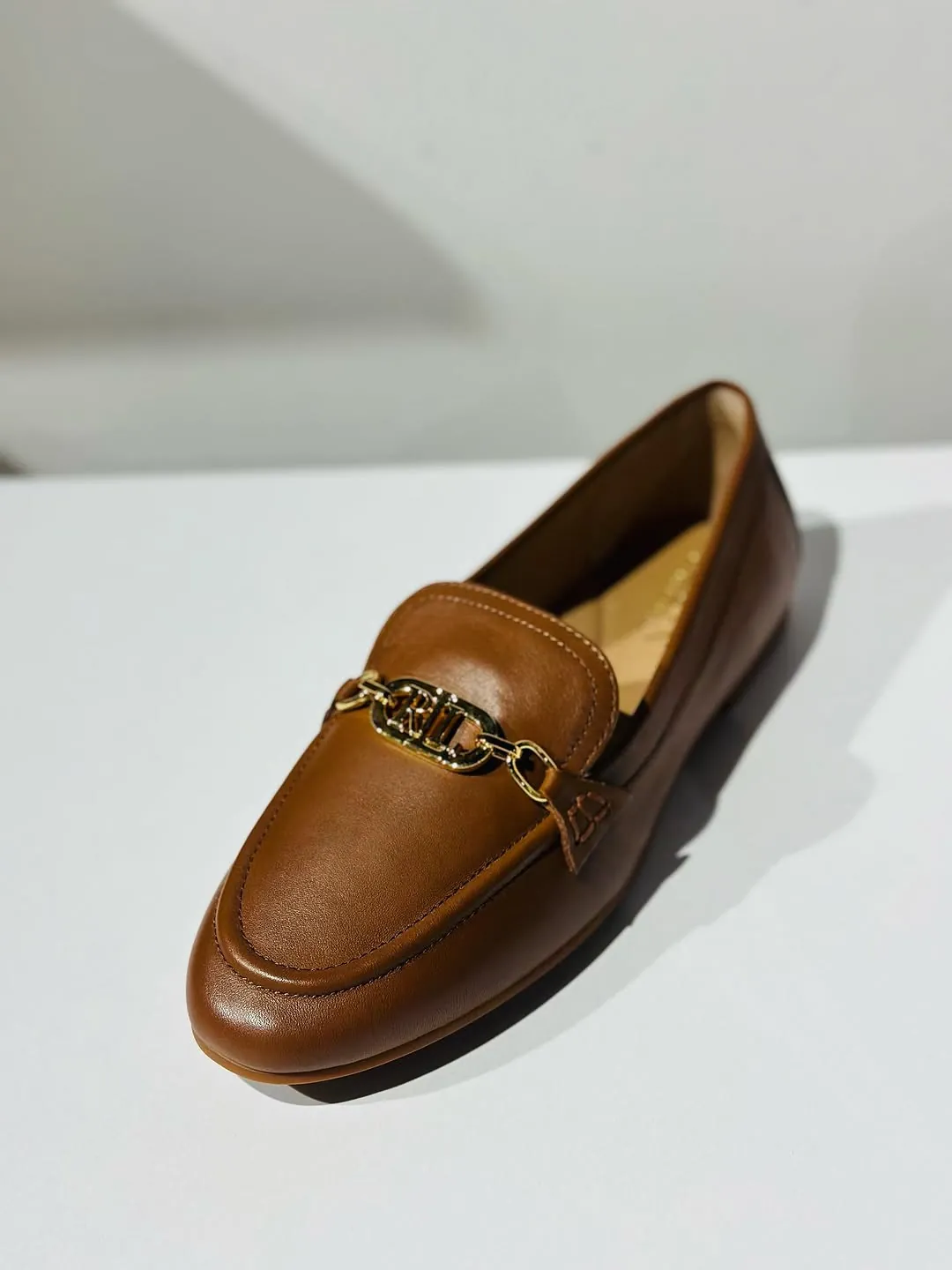 Brown Leather Loafers with RL Chain Detail