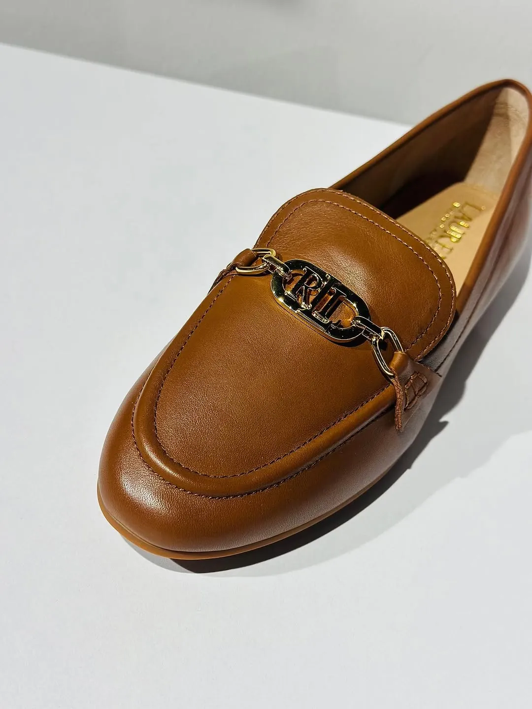Brown Leather Loafers with RL Chain Detail