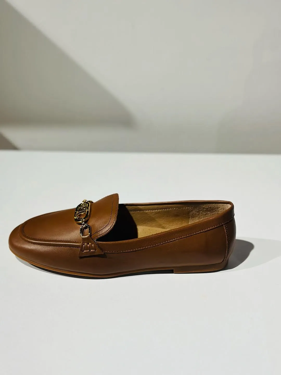Brown Leather Loafers with RL Chain Detail