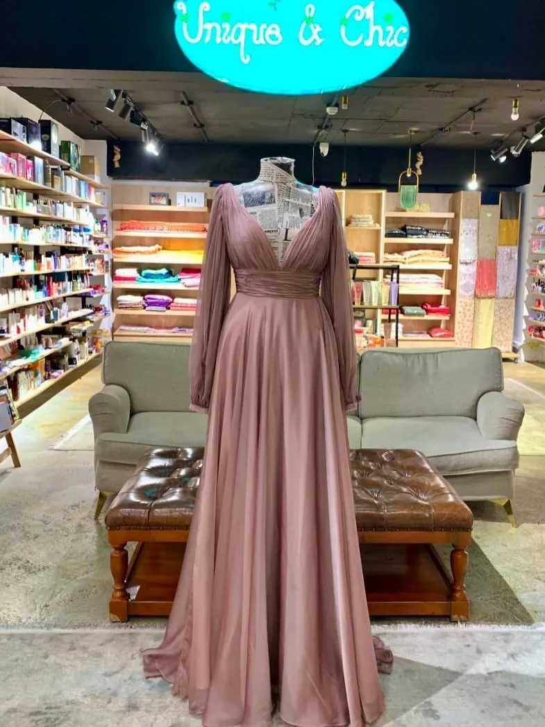 Long Sleeve V-Neck Evening Dress