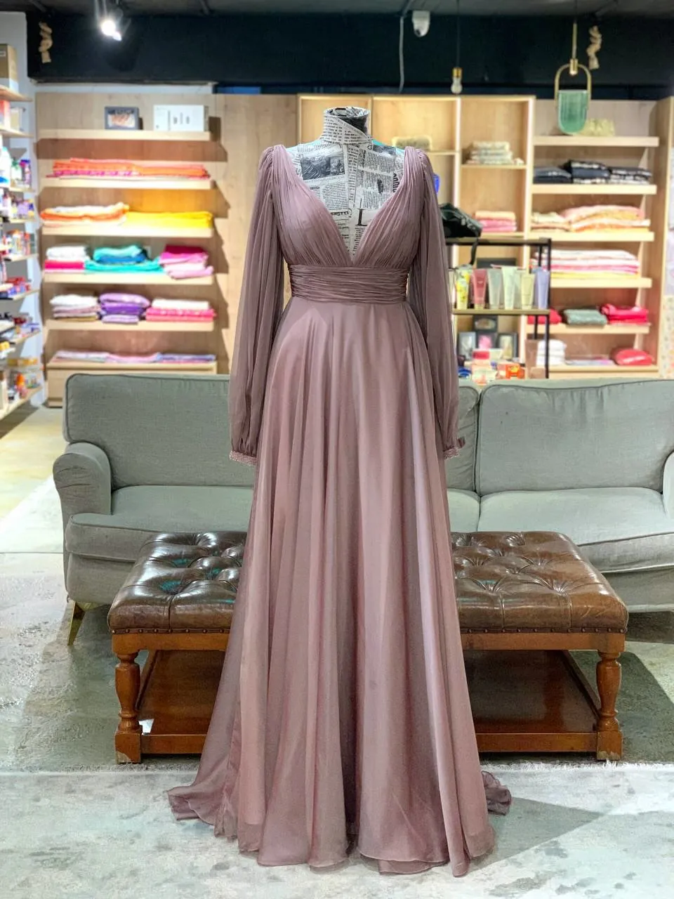Long Sleeve V-Neck Evening Dress