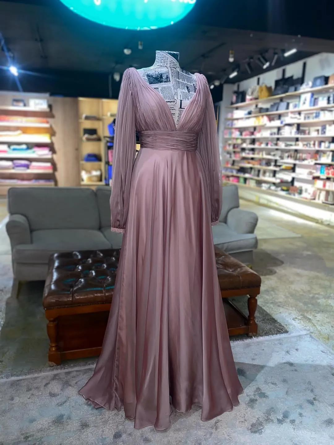 Long Sleeve V-Neck Evening Dress
