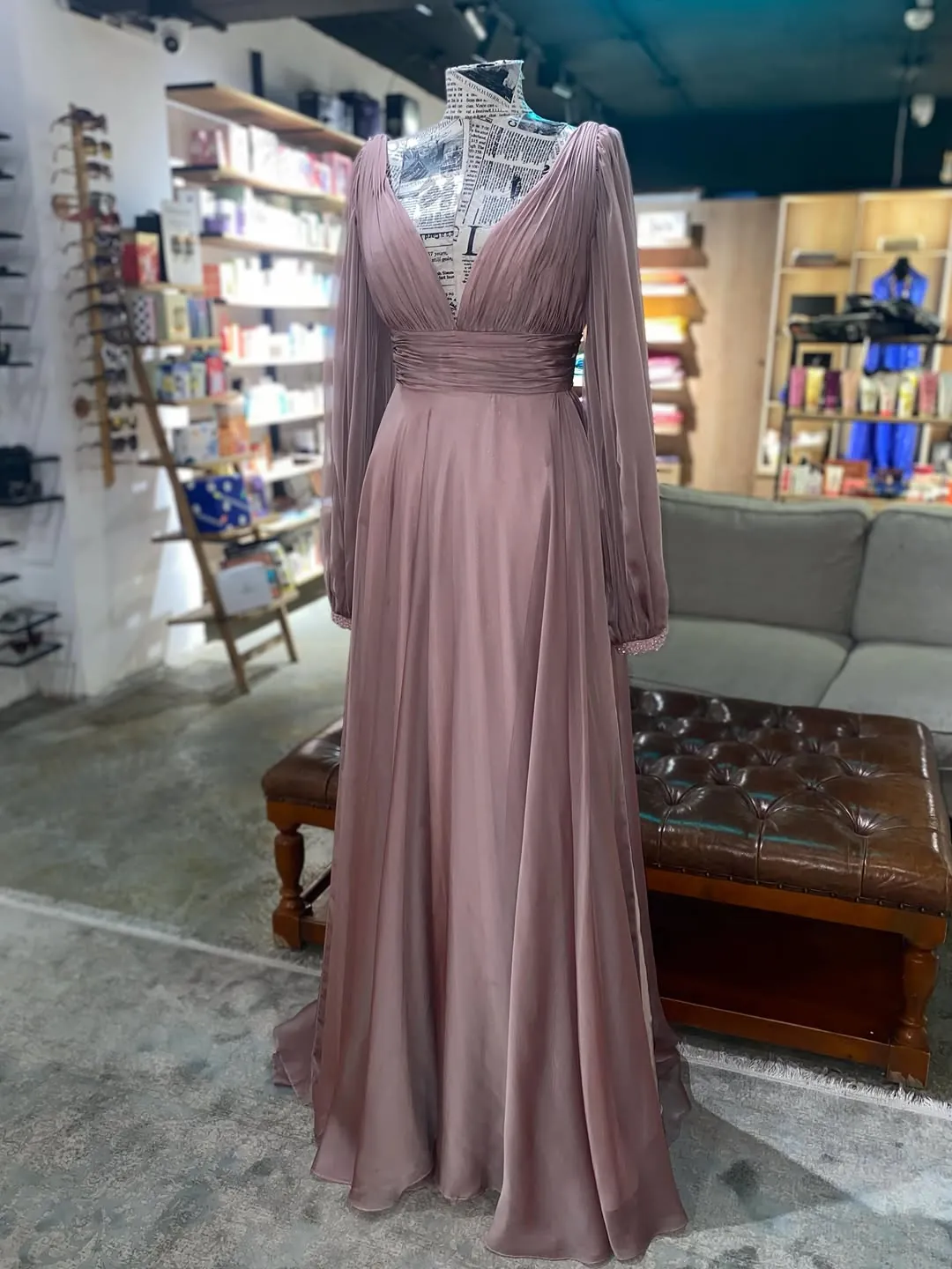 Long Sleeve V-Neck Evening Dress
