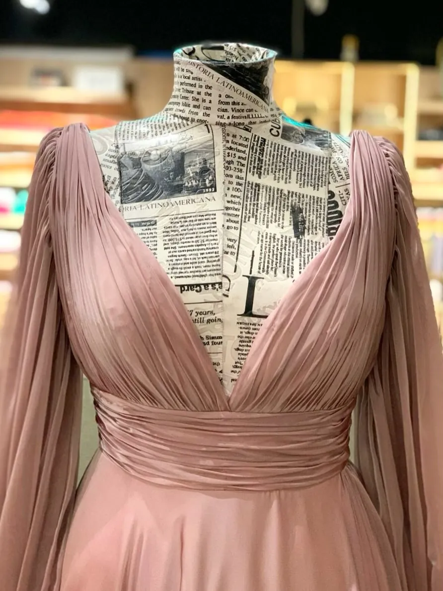 Long Sleeve V-Neck Evening Dress