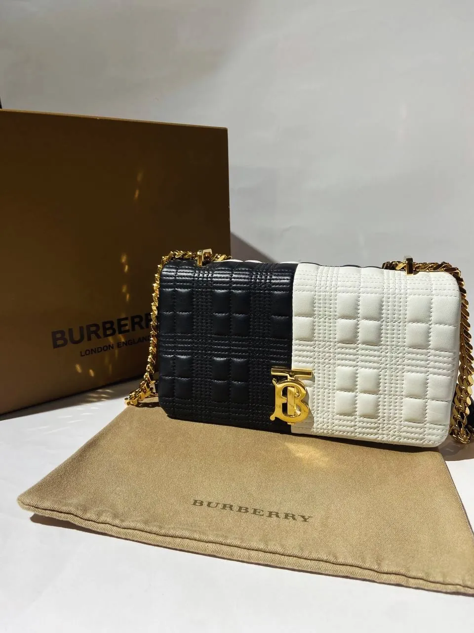 Burberry Black and White Quilted TB Bag