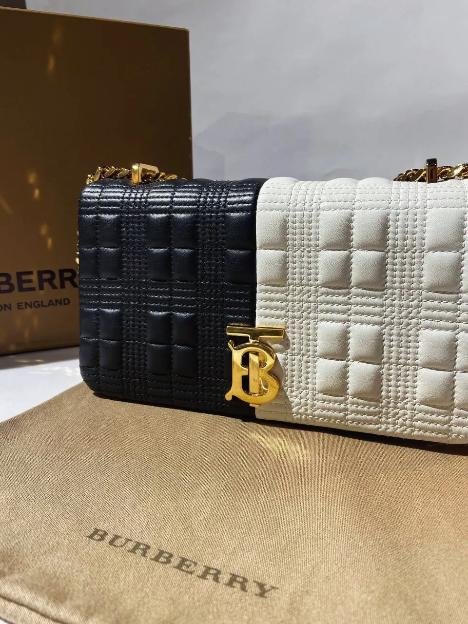 Burberry Black and White Quilted TB Bag