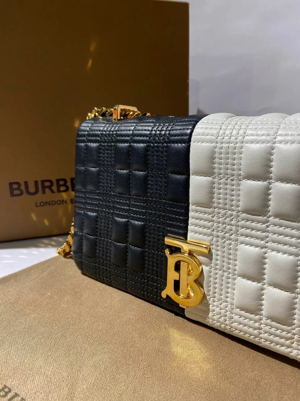 Burberry Black and White Quilted TB Bag