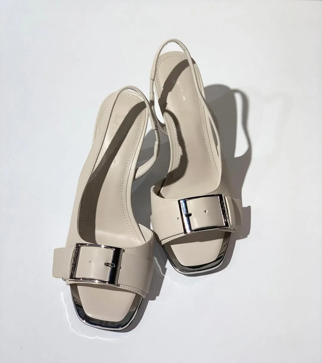 Beige Square Toe Heeled Sandals