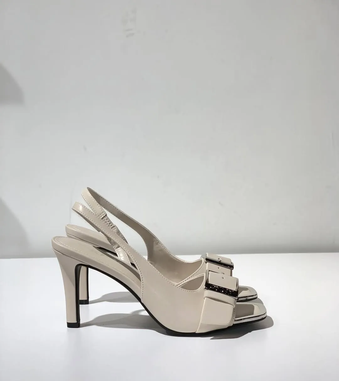 Beige Square Toe Heeled Sandals