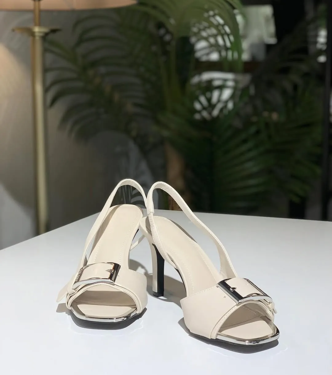 Beige Square Toe Heeled Sandals