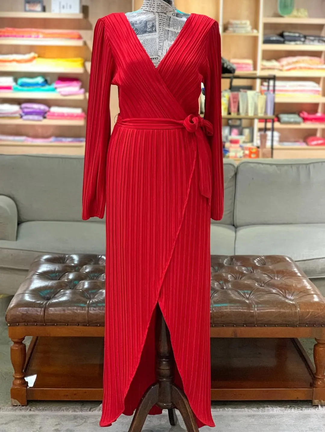 Red Pleated Wrap Dress