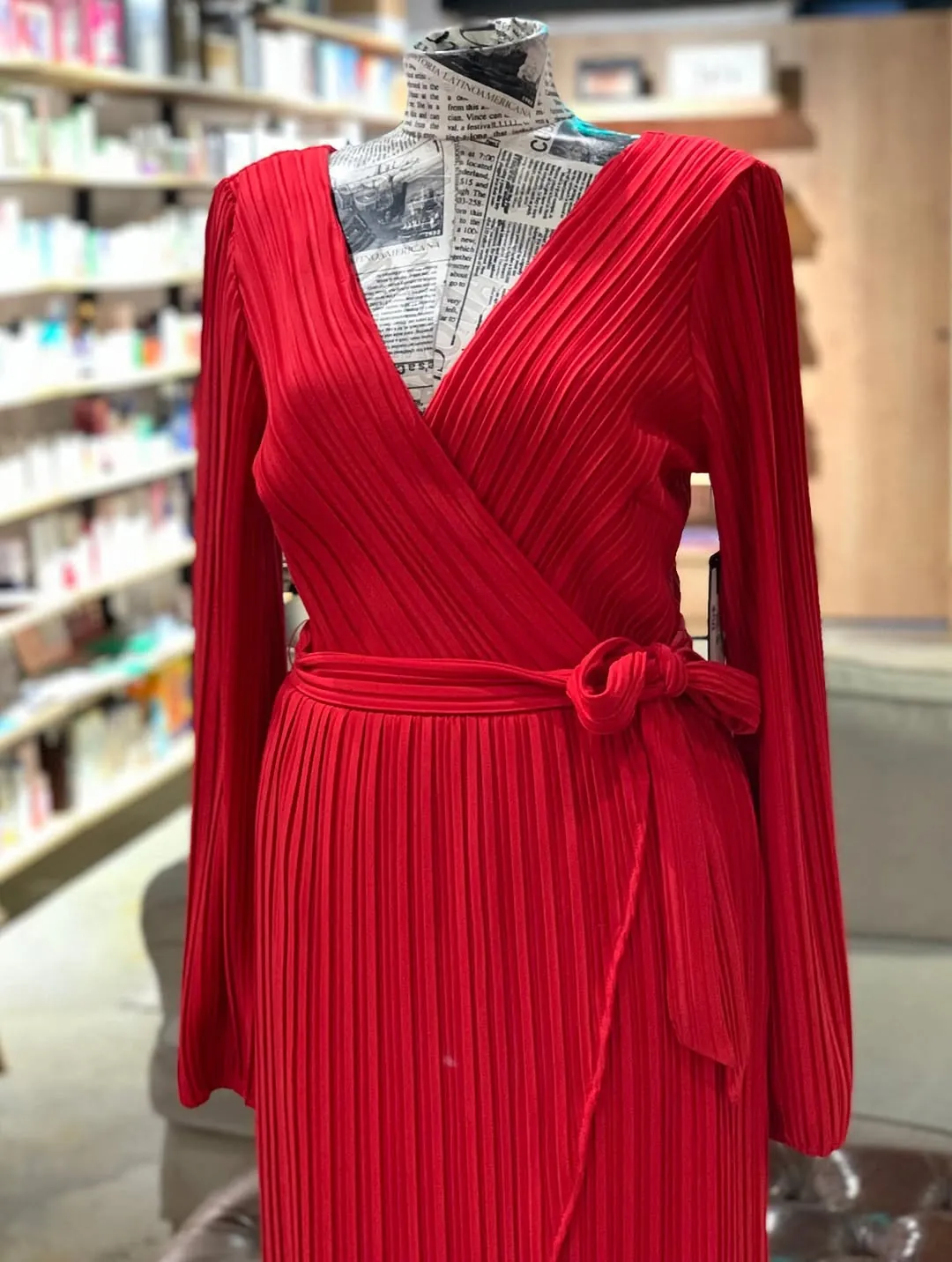 Red Pleated Wrap Dress