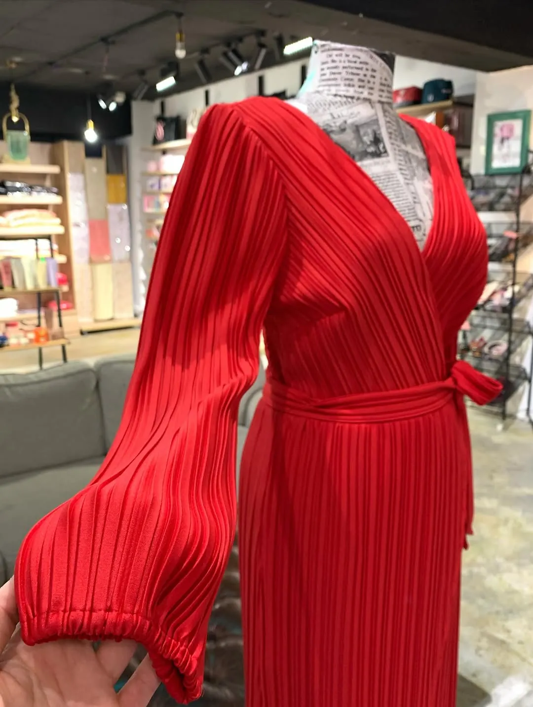 Red Pleated Wrap Dress