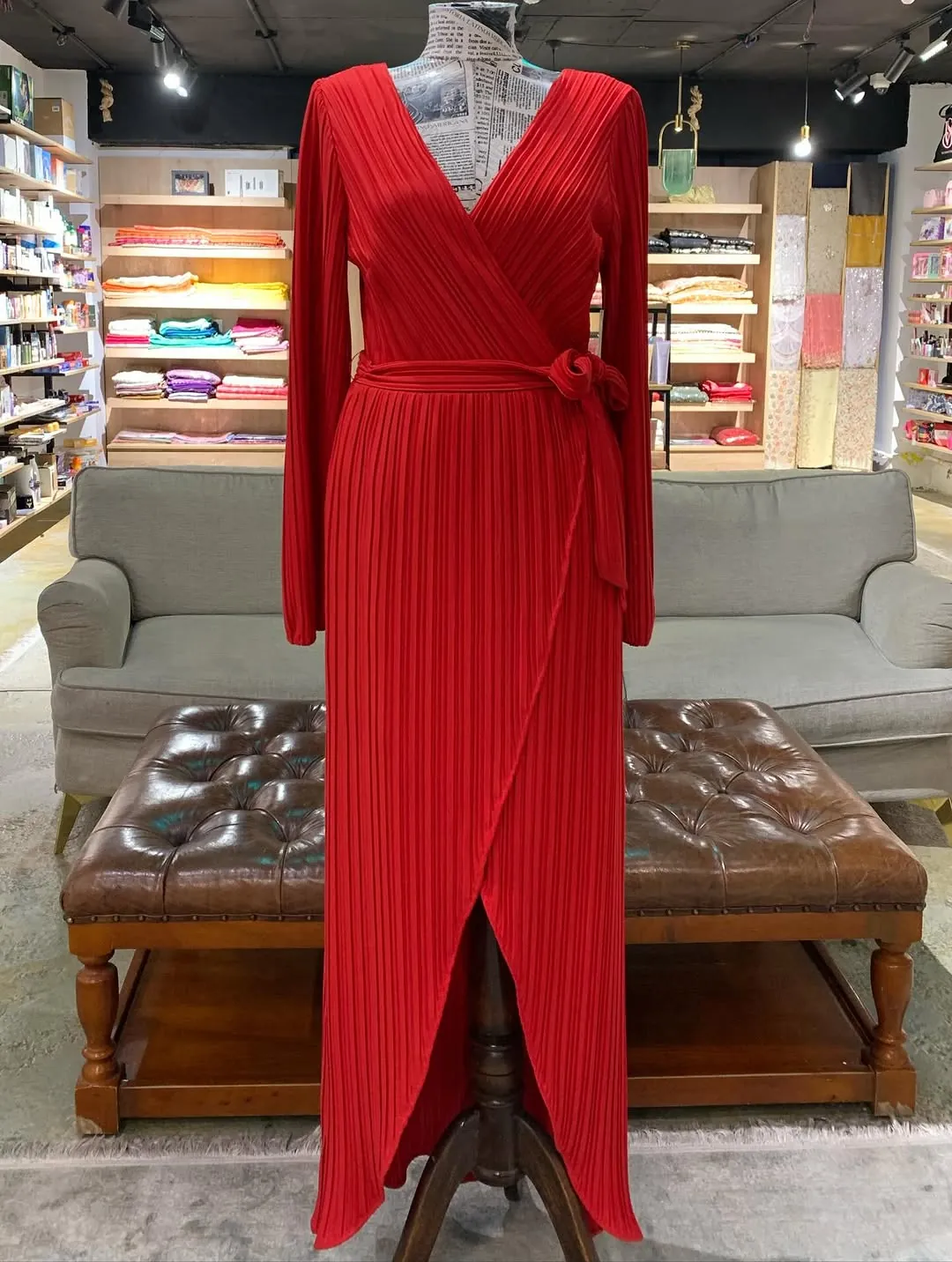 Red Pleated Wrap Dress