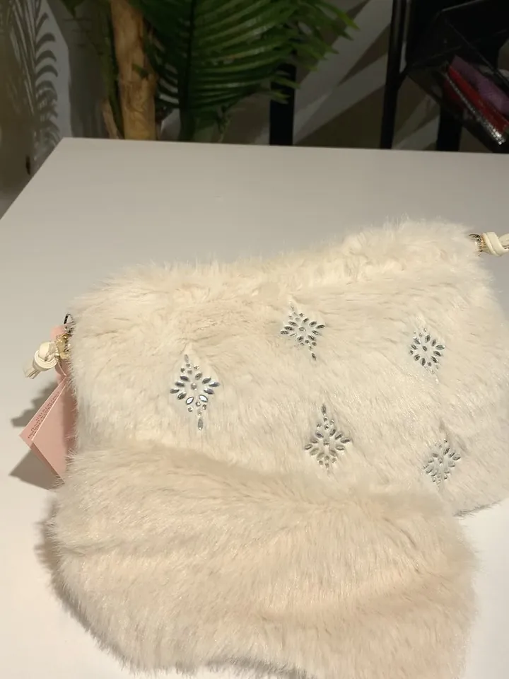 White Faux Fur Handbag with Rhinestones