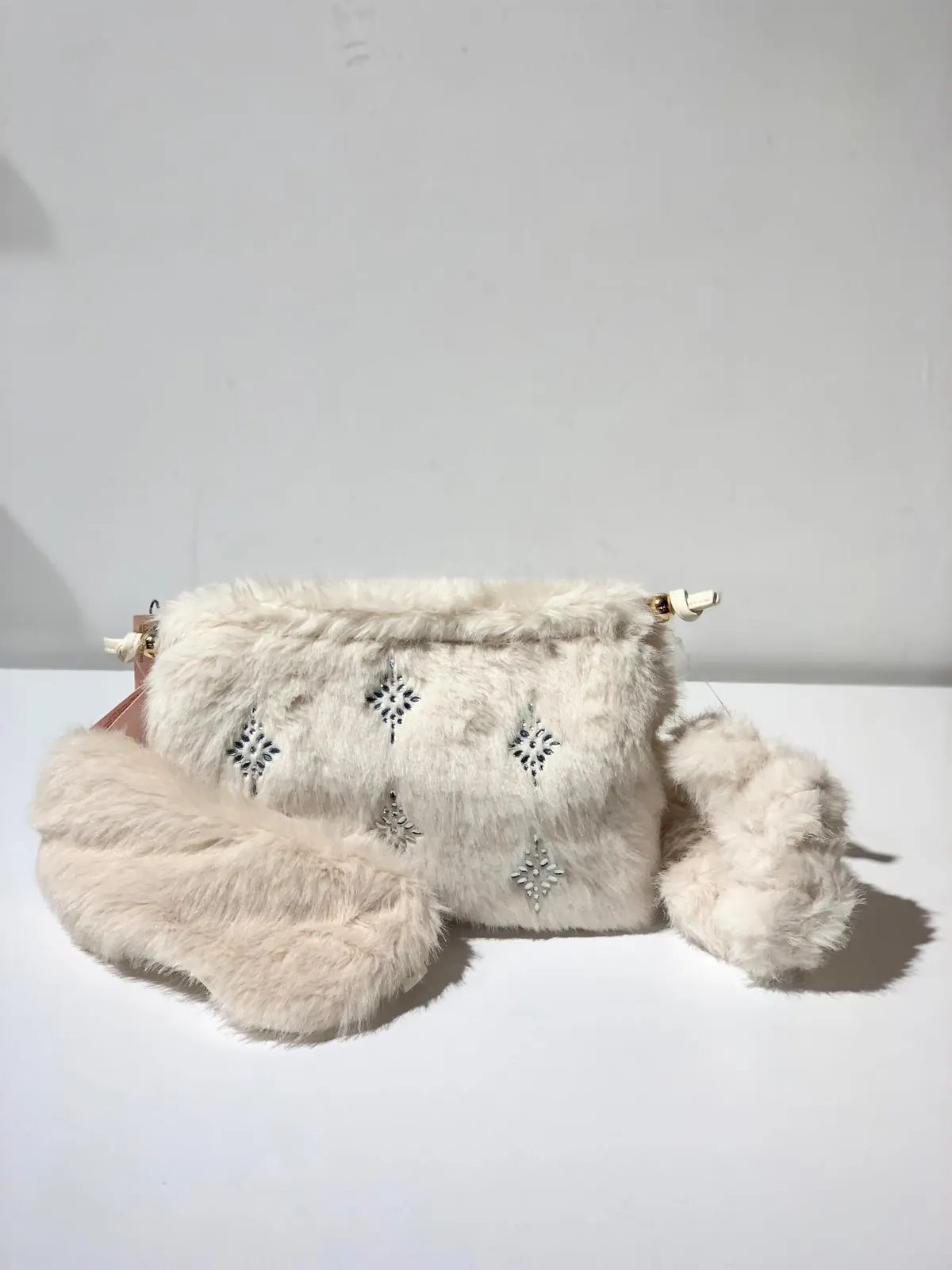 White Faux Fur Handbag with Rhinestones