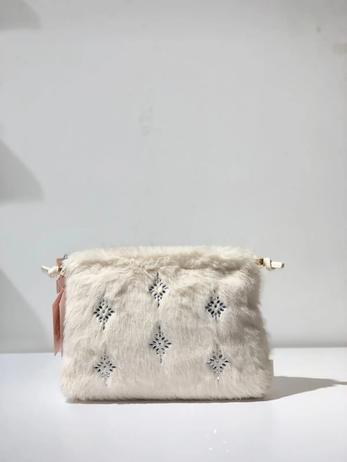 White Faux Fur Handbag with Rhinestones