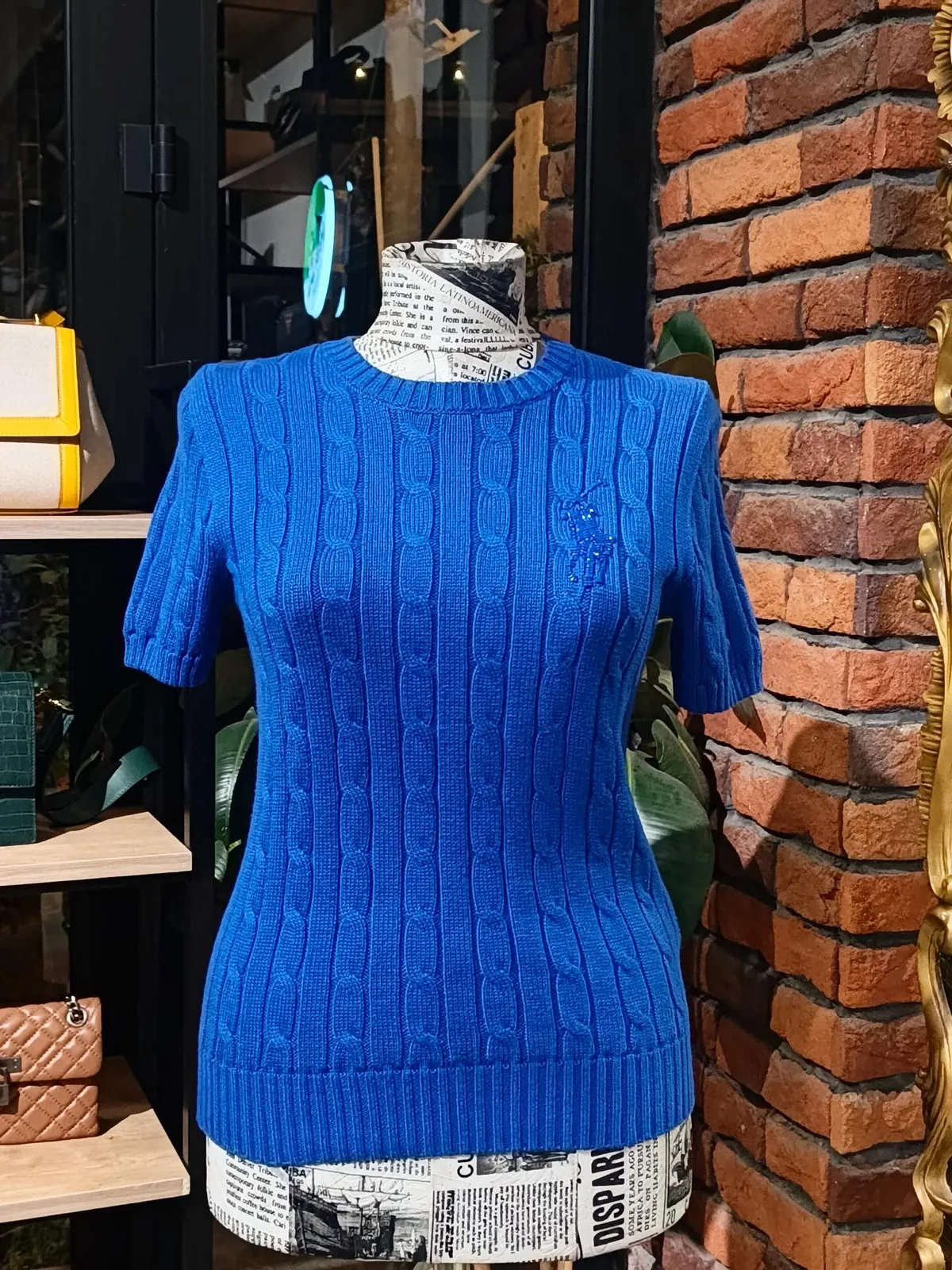 Blue Cable Knit Short-Sleeve Sweater