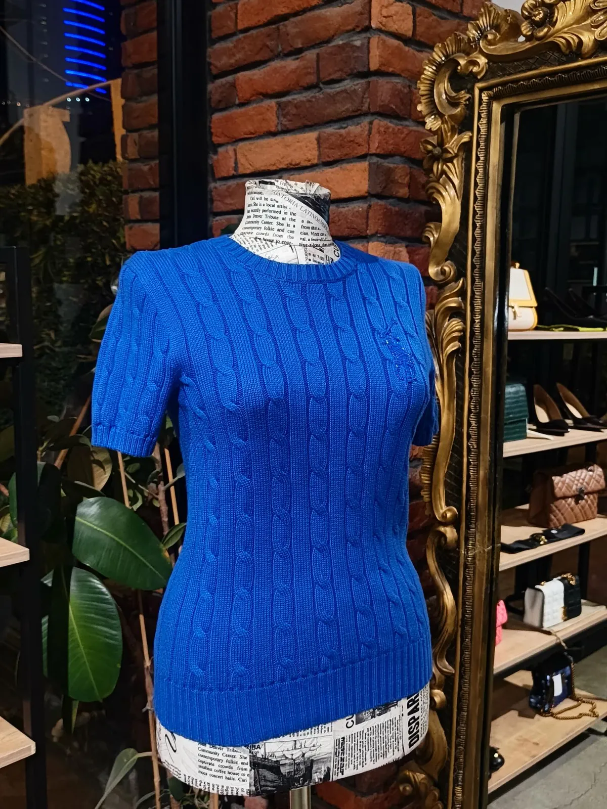 Blue Cable Knit Short-Sleeve Sweater