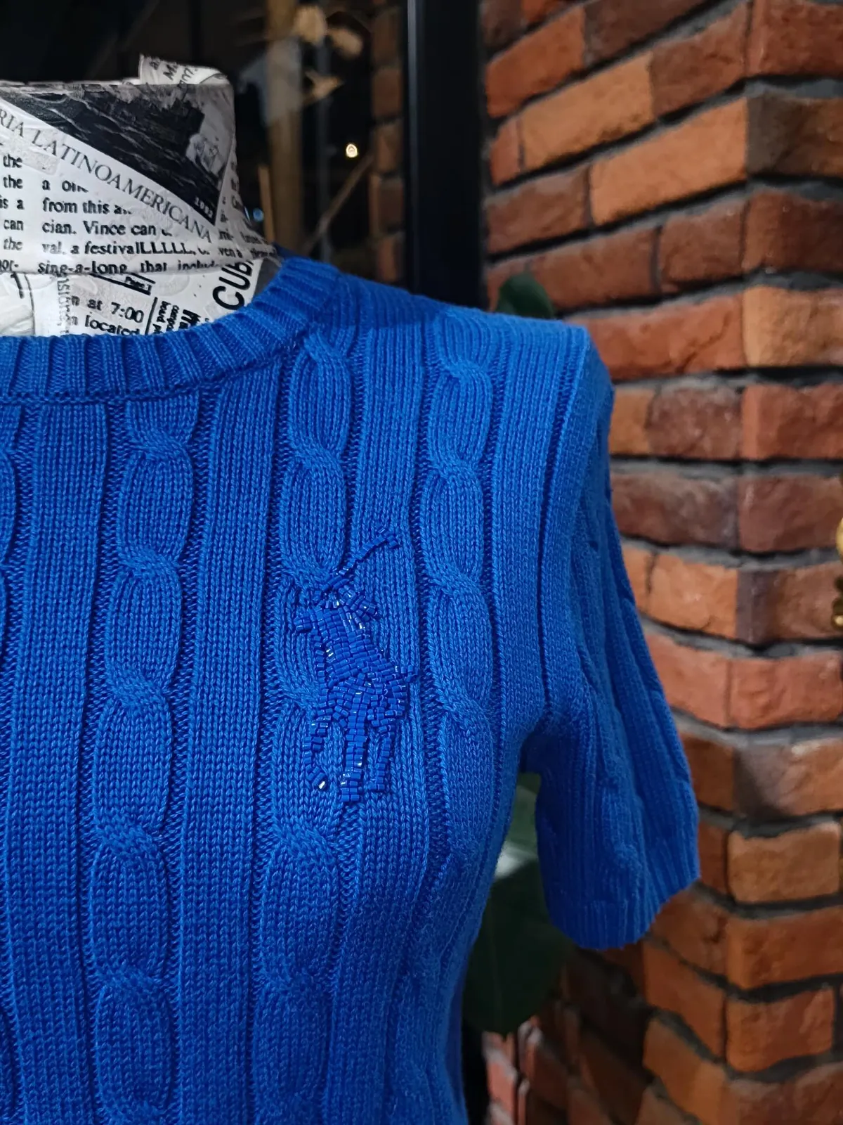 Blue Cable Knit Short-Sleeve Sweater