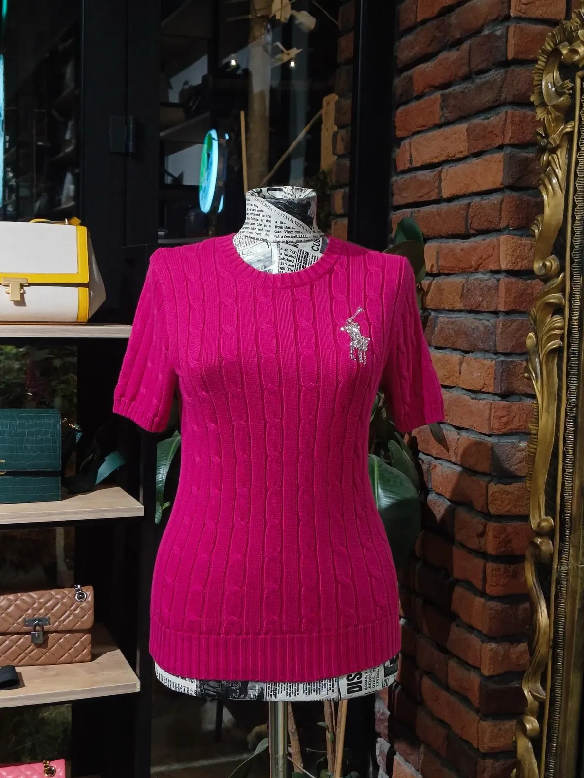 Blue Cable Knit Short-Sleeve Sweater