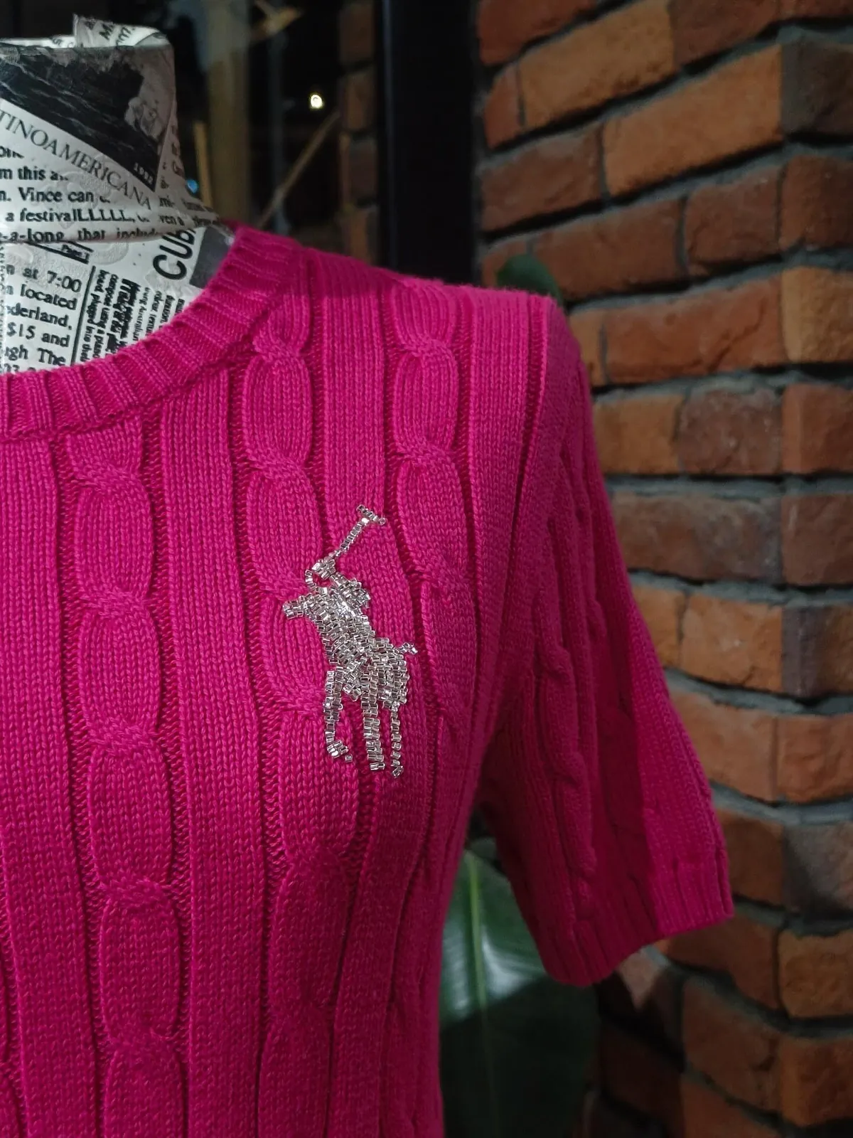 Blue Cable Knit Short-Sleeve Sweater
