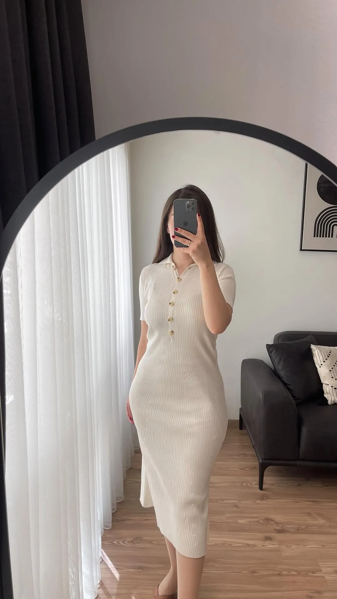 White Ribbed Knit Button-Down Midi Dress