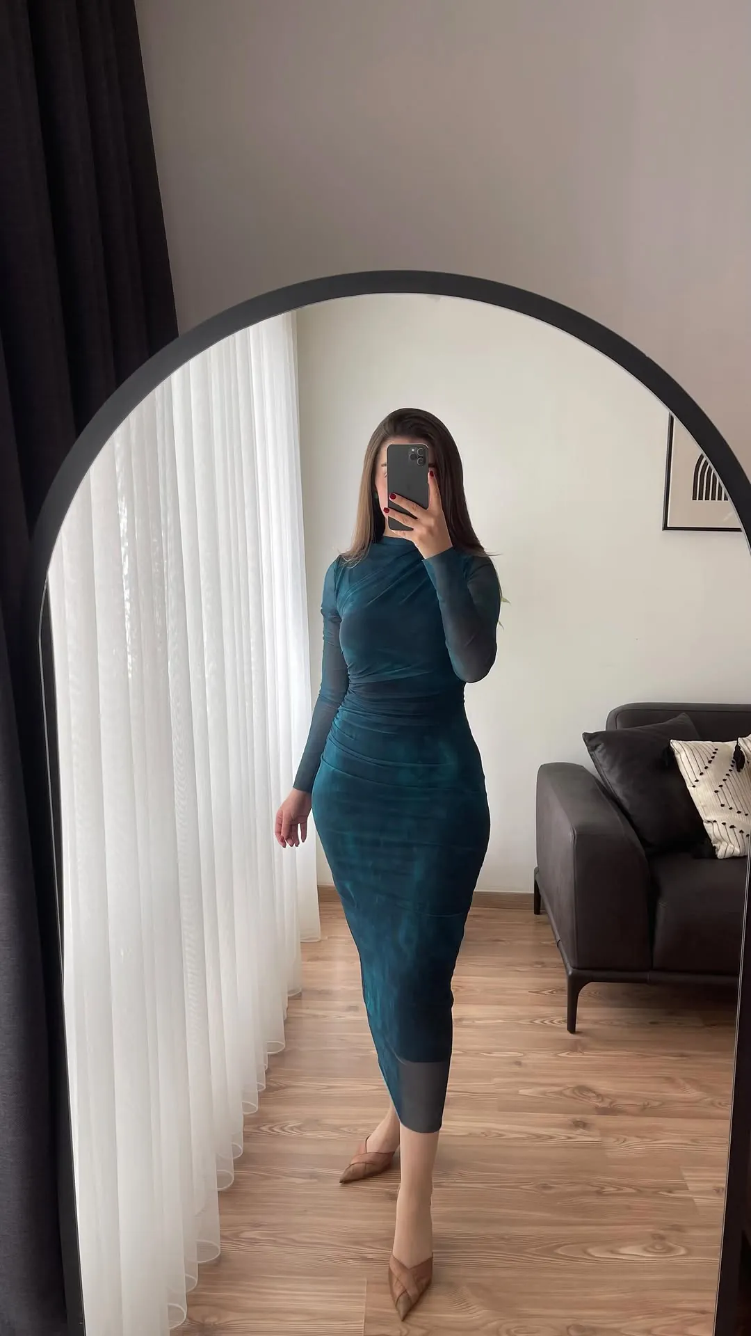 Teal Long-Sleeve Midi Dress
