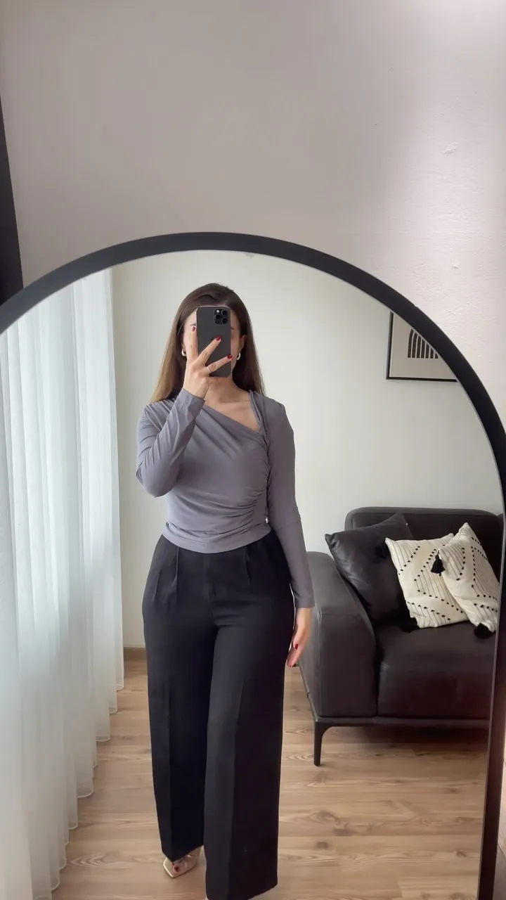 Grey Long-Sleeve Wrap Blouse