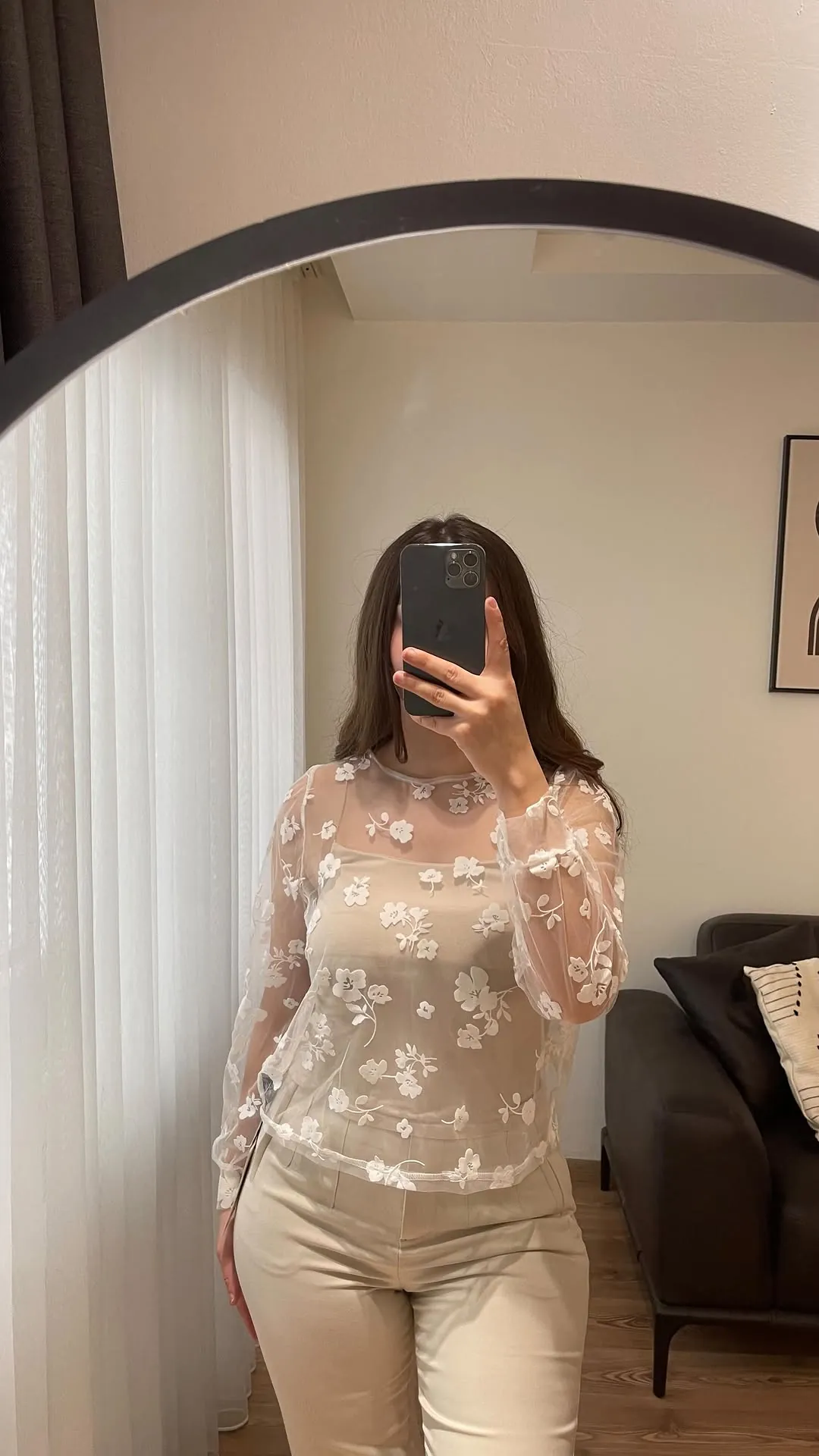 White Floral Sheer Long Sleeve Blouse