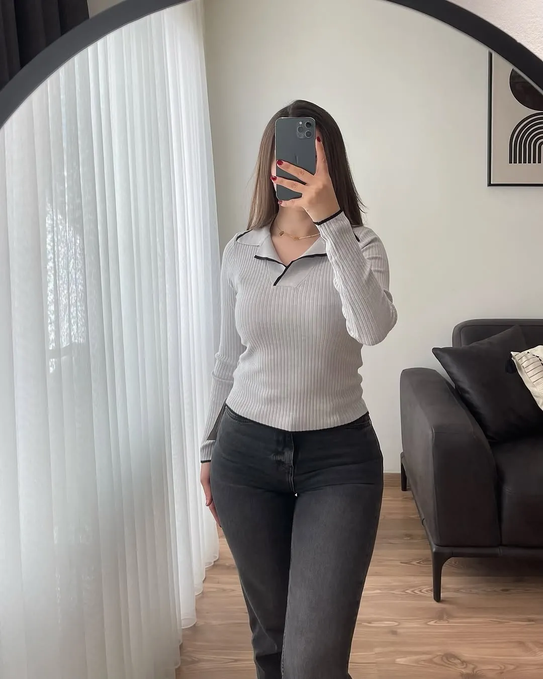 Ribbed Long Sleeve Collared Top