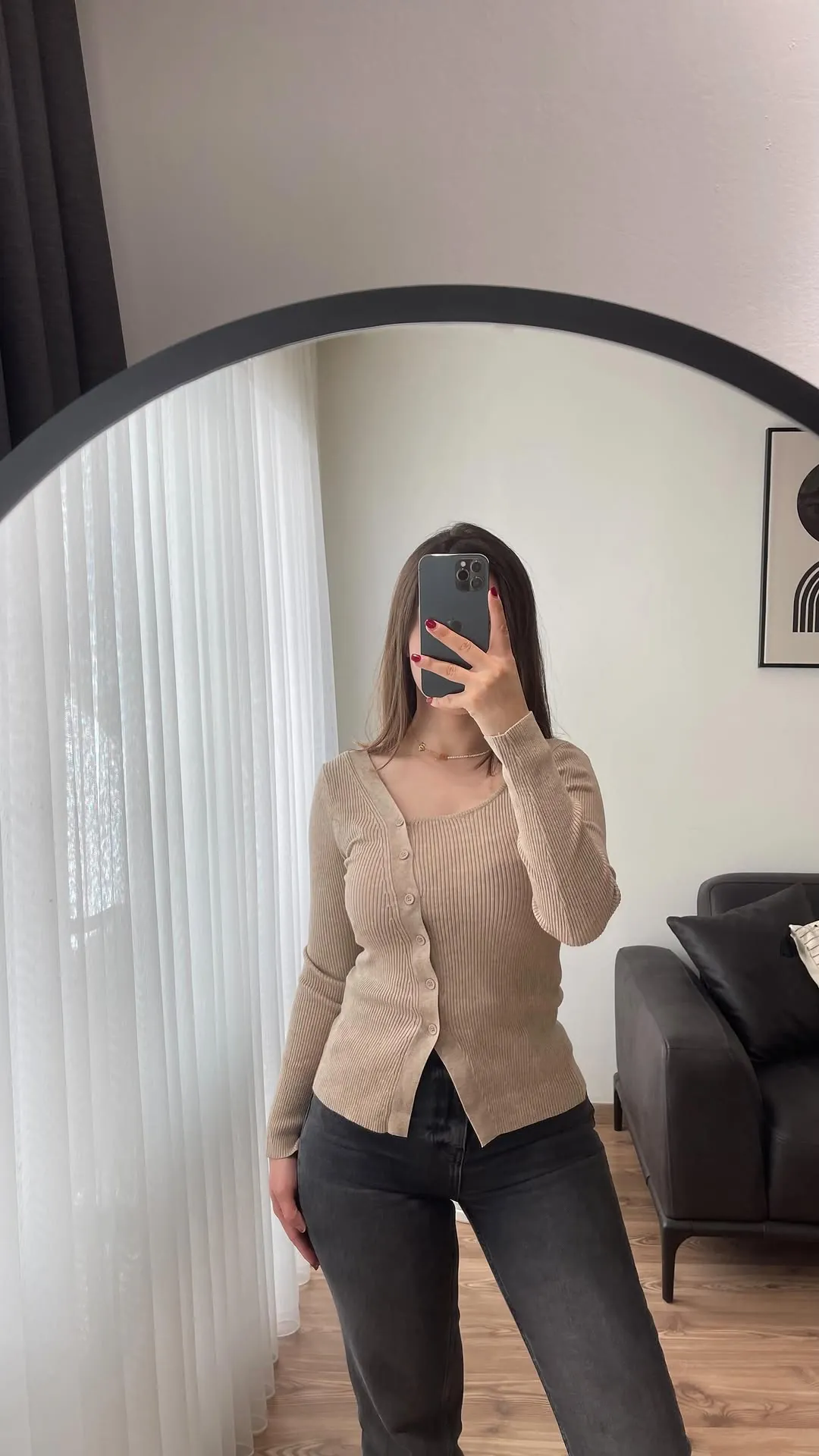 Beige Ribbed Button-Up Cardigan