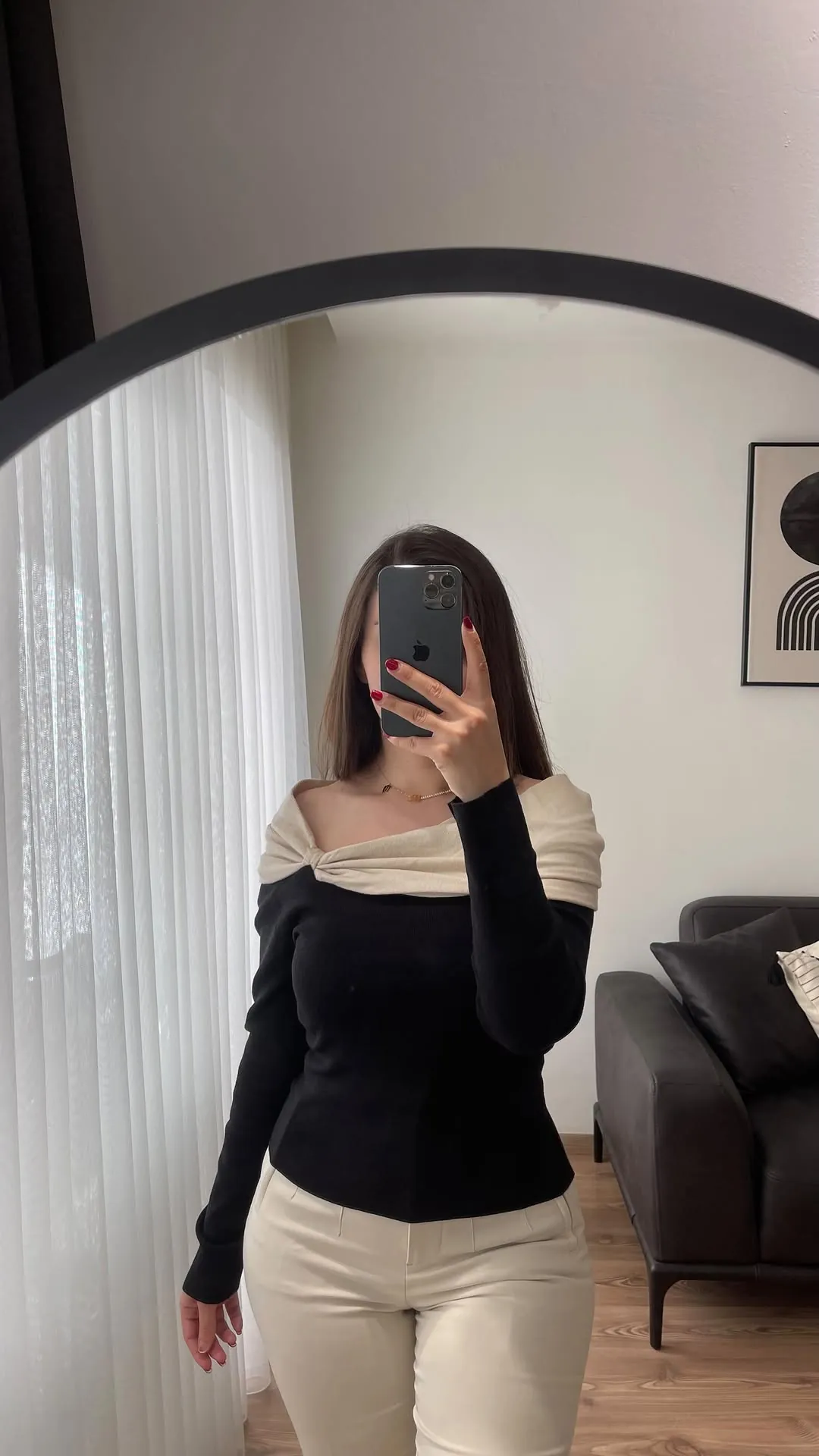 Black and Beige Off-Shoulder Long Sleeve Top