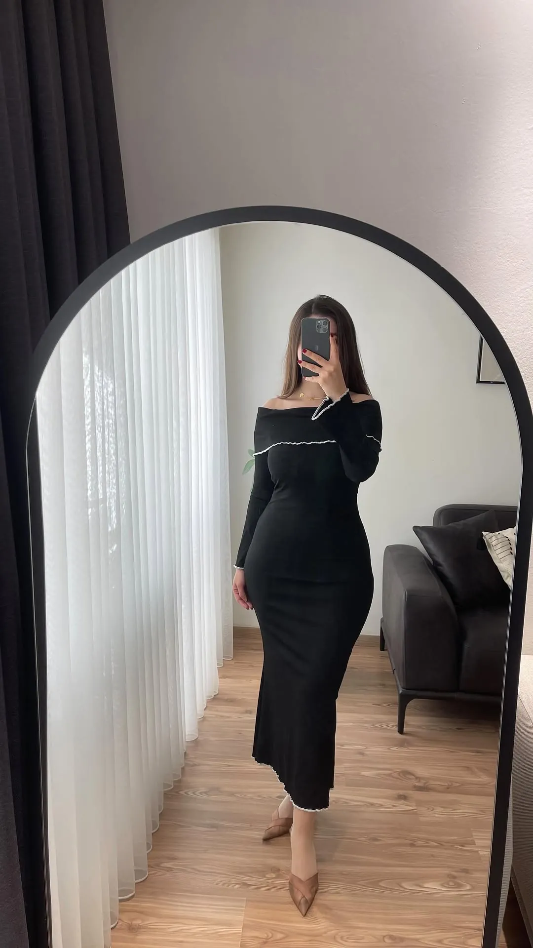 Black Off-Shoulder Dress with White Trim