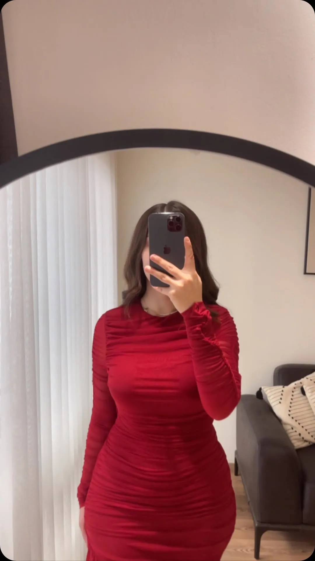Red Ruched Long Sleeve Dress