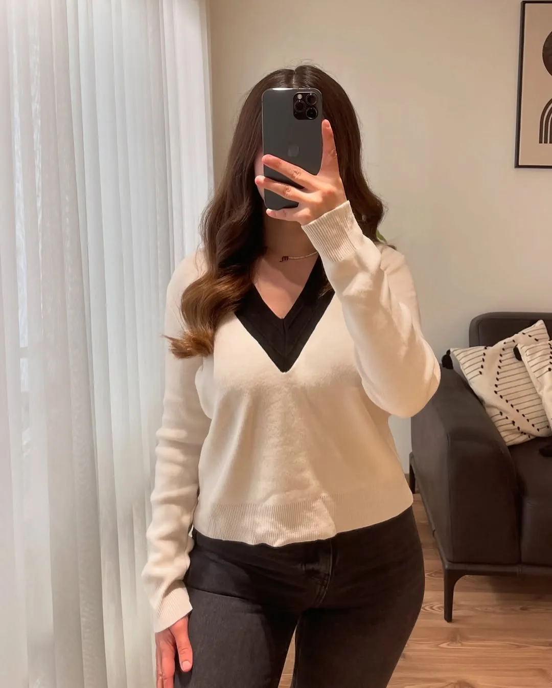 White V-Neck Sweater with Black Trim