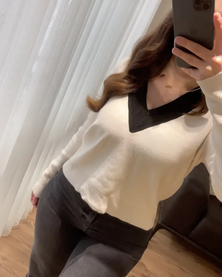 White V-Neck Sweater with Black Trim
