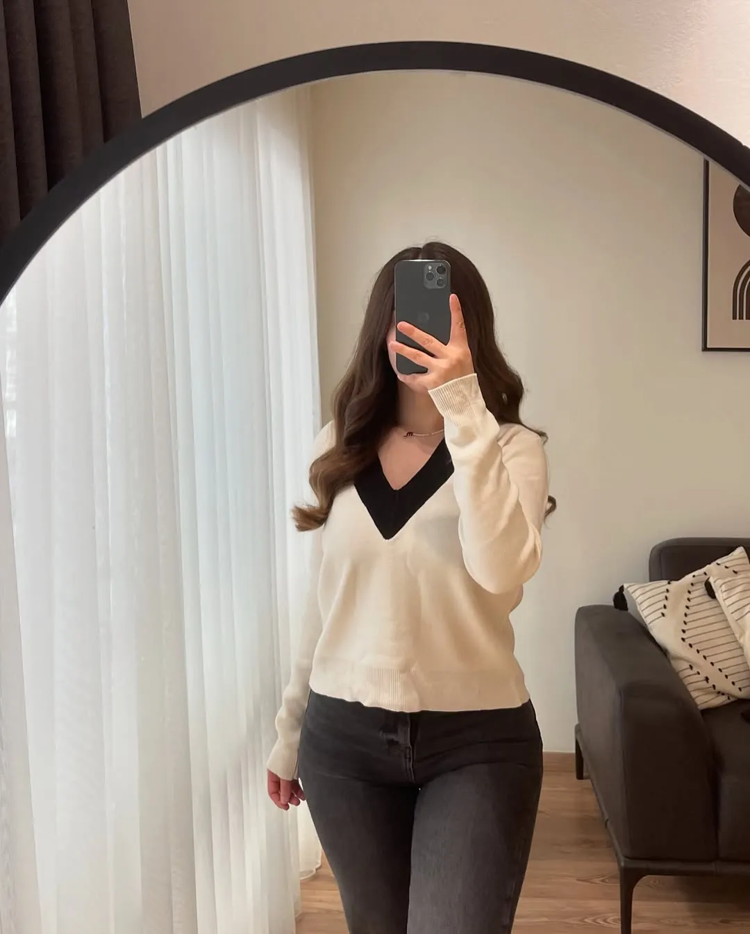 White V-Neck Sweater with Black Trim